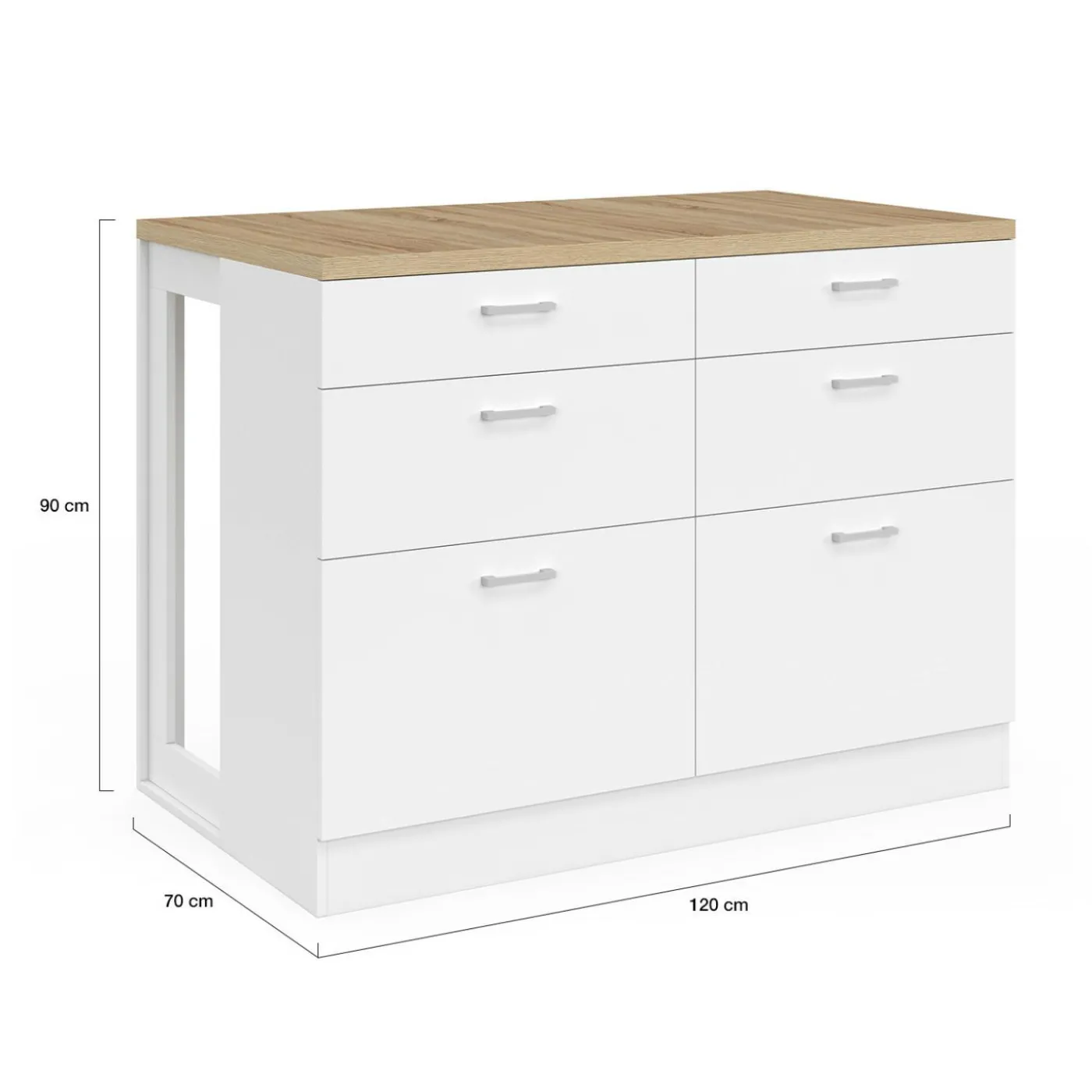 Ilot central mange-debout 120 cm casserolier 6 tiroirs blanc et plateau bois