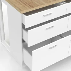 Ilot central mange-debout 120 cm casserolier 6 tiroirs blanc et plateau bois