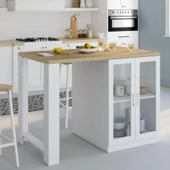 Ilot de cuisine central bois blanc 120 cm avec portes vitrées et rangements