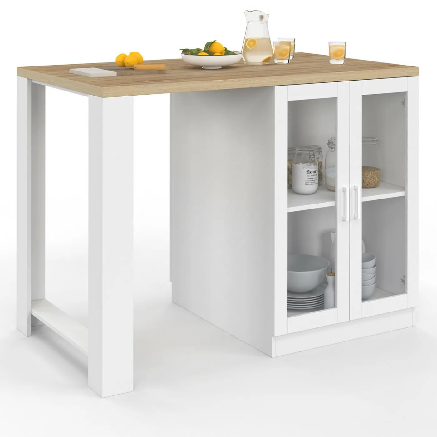 Ilot de cuisine central bois blanc 120 cm avec portes vitrées et rangements