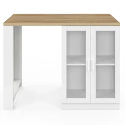 Ilot de cuisine central bois blanc 120 cm avec portes vitrées et rangements