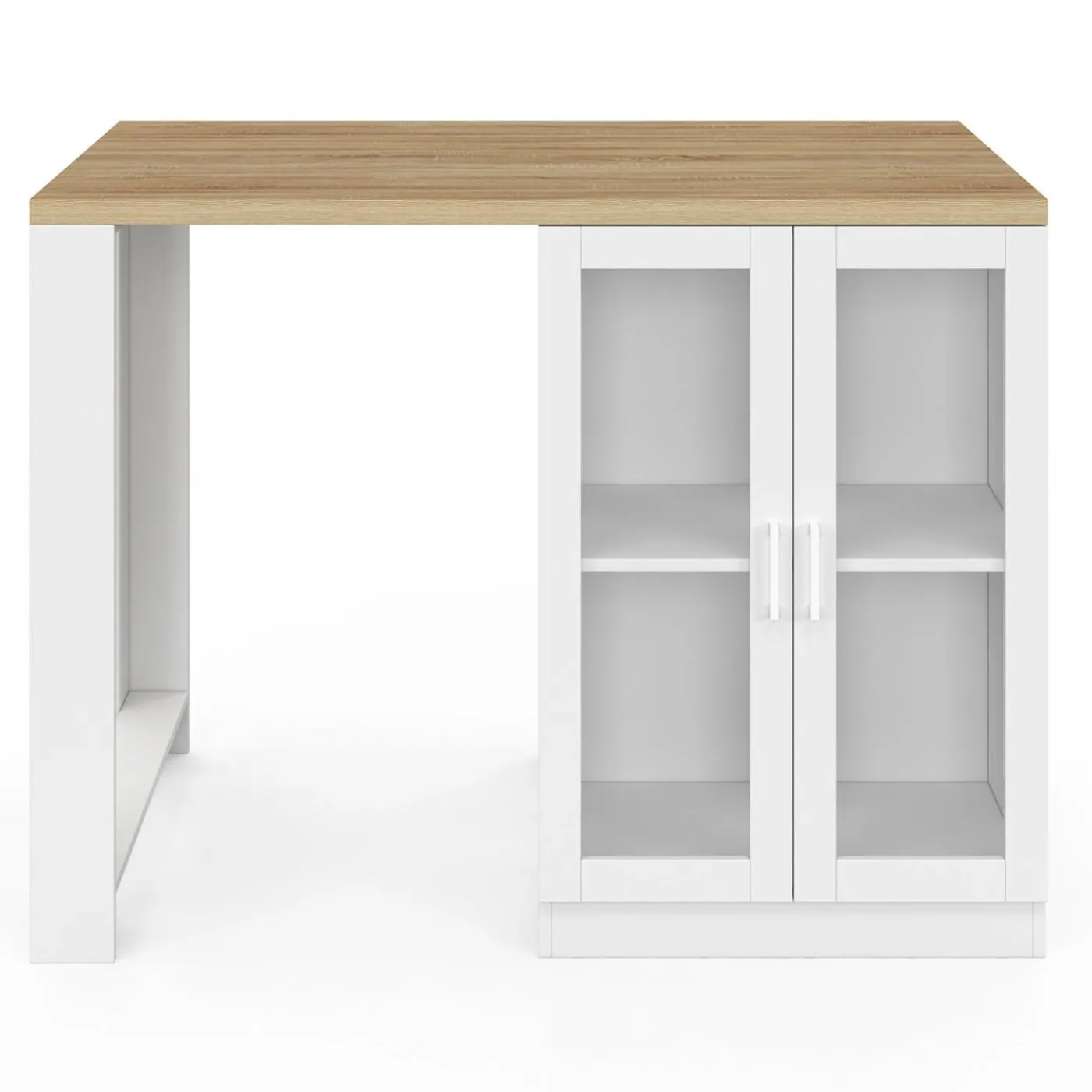 Ilot de cuisine central bois blanc 120 cm avec portes vitrées et rangements