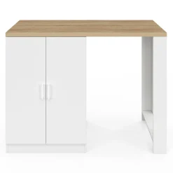 Ilot de cuisine central bois blanc 120 cm avec portes vitrées et rangements