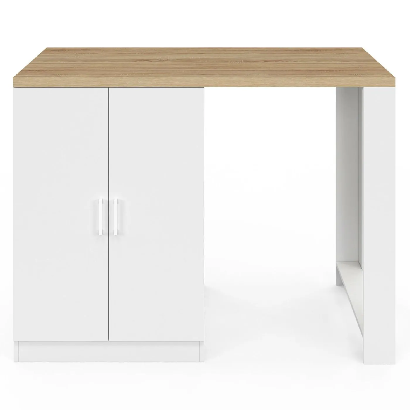 Ilot de cuisine central bois blanc 120 cm avec portes vitrées et rangements