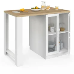 Ilot de cuisine central bois blanc 120 cm avec portes vitrées et rangements