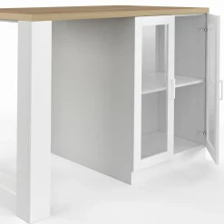 Ilot de cuisine central bois blanc 120 cm avec portes vitrées et rangements