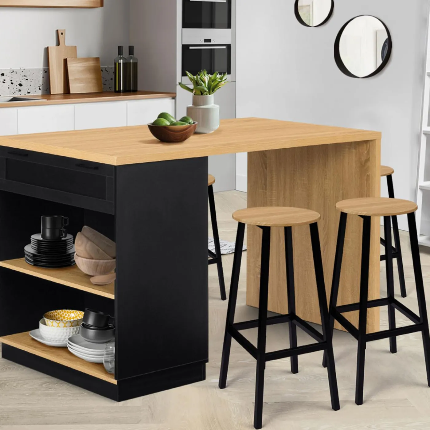 Ilot mange debout noir et bois 130 cm