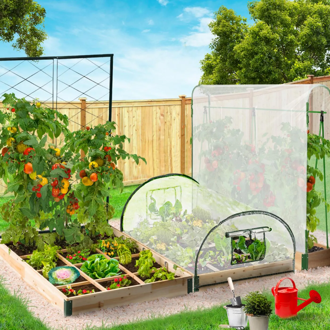 Kit complet 3 carrés potager et serre à tomates + treillis + housse