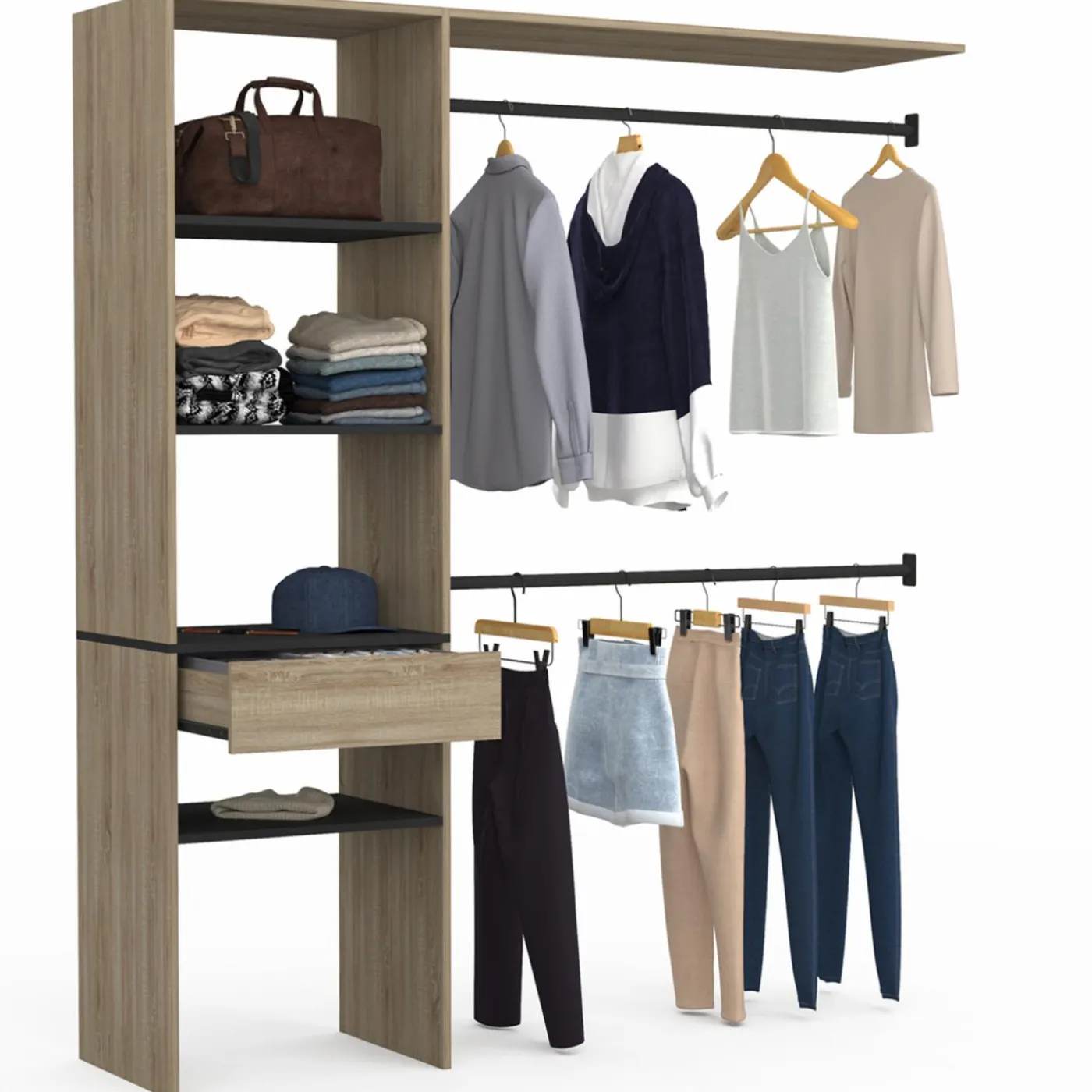 Kit dressing placard hêtre et noir avec étagères, tiroir et double penderie