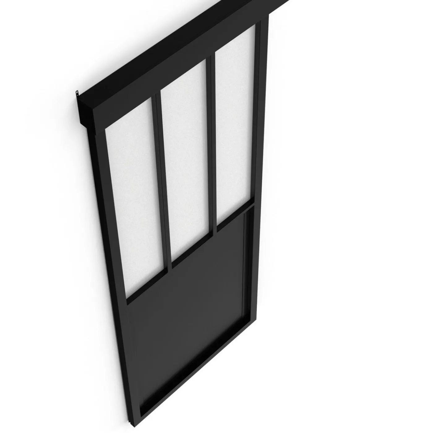 Kit porte coulissante verrière 83 cm en verre trempé givré, métal avec rail et fixations