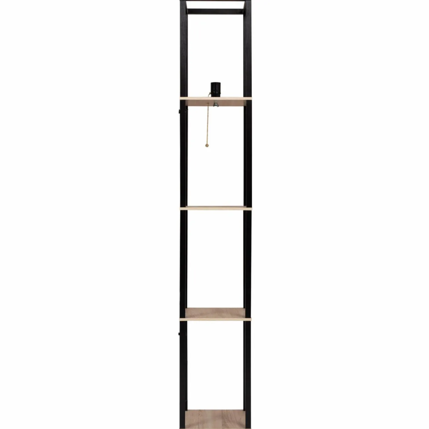 Lampadaire industriel en bois noir avec étagères bois clair et abat-jour blanc