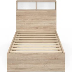 Lit 1 personne sommier 90x190 cm hêtre et blanc avec rangement et tête de lit