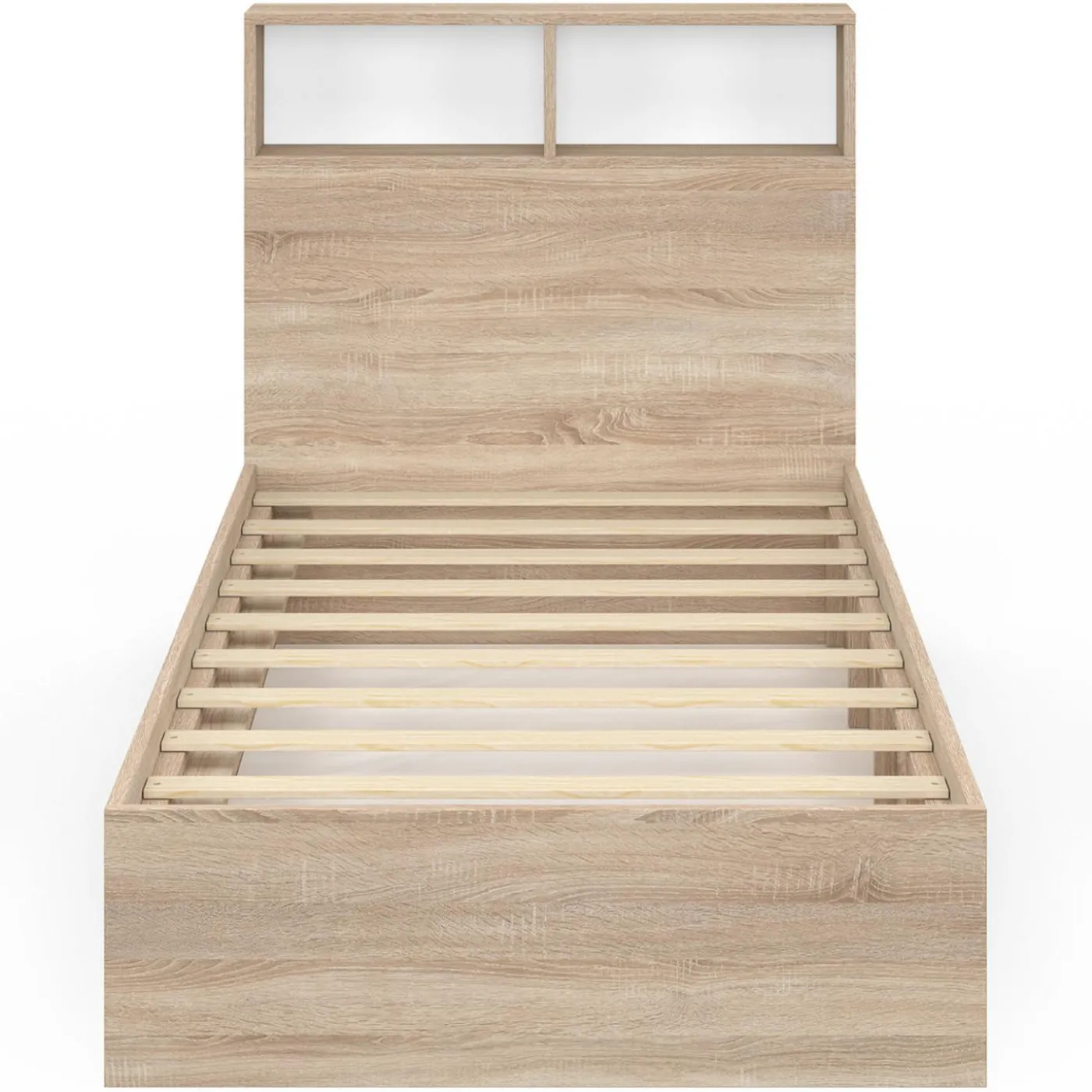 Lit 1 personne sommier 90x190 cm hêtre et blanc avec rangement et tête de lit