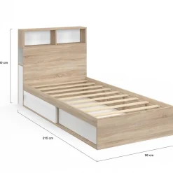 Lit 1 personne sommier 90x190 cm hêtre et blanc avec rangement et tête de lit