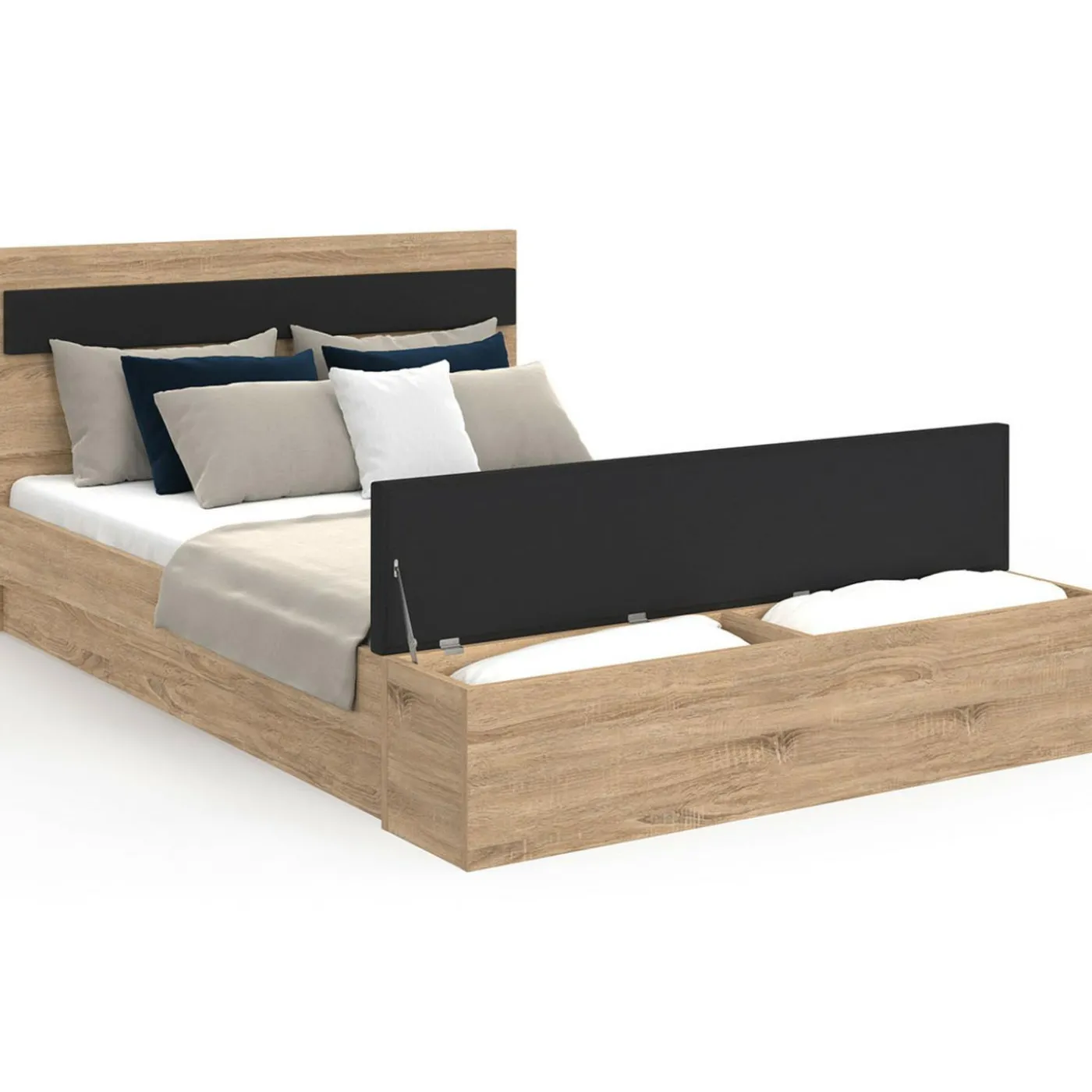 Lit 2 personnes sommier 140x190 cm avec tête de lit et banc coffre bois et noir