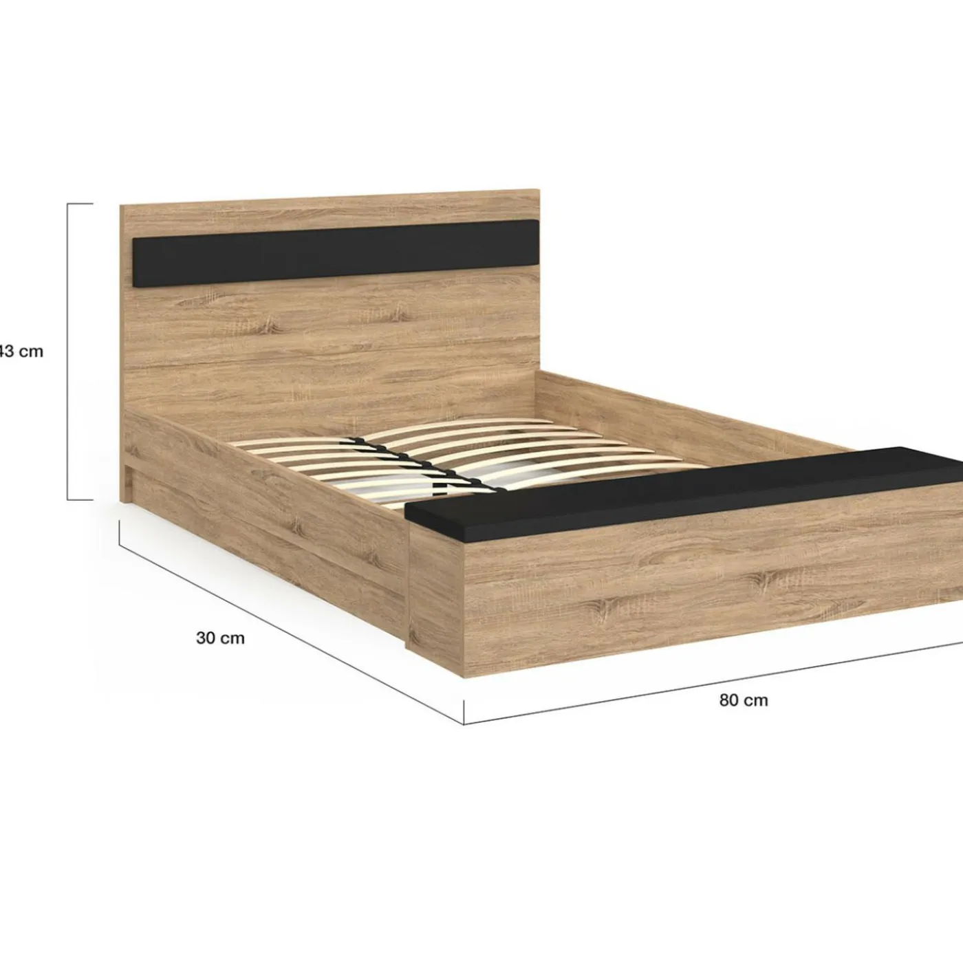 Lit 2 personnes sommier 140x190 cm avec tête de lit et banc coffre bois et noir