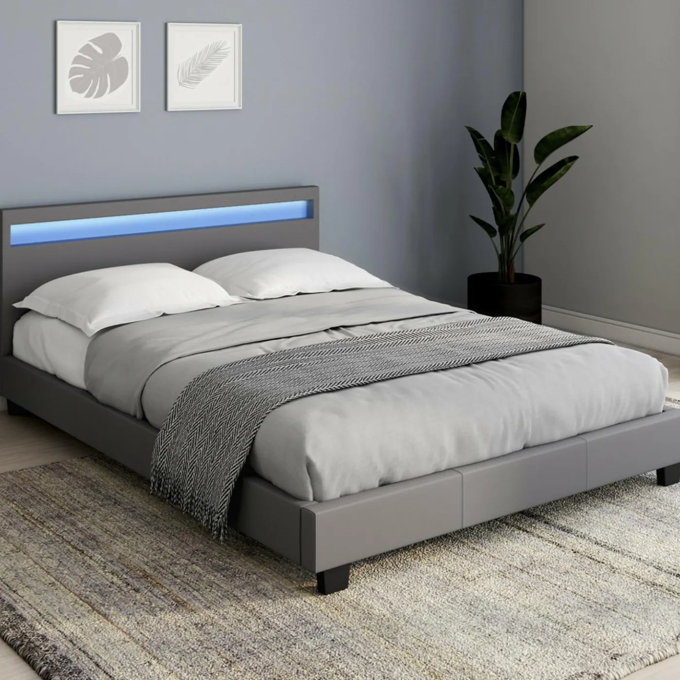 Lit 2 places avec LED 140x190 cm gris