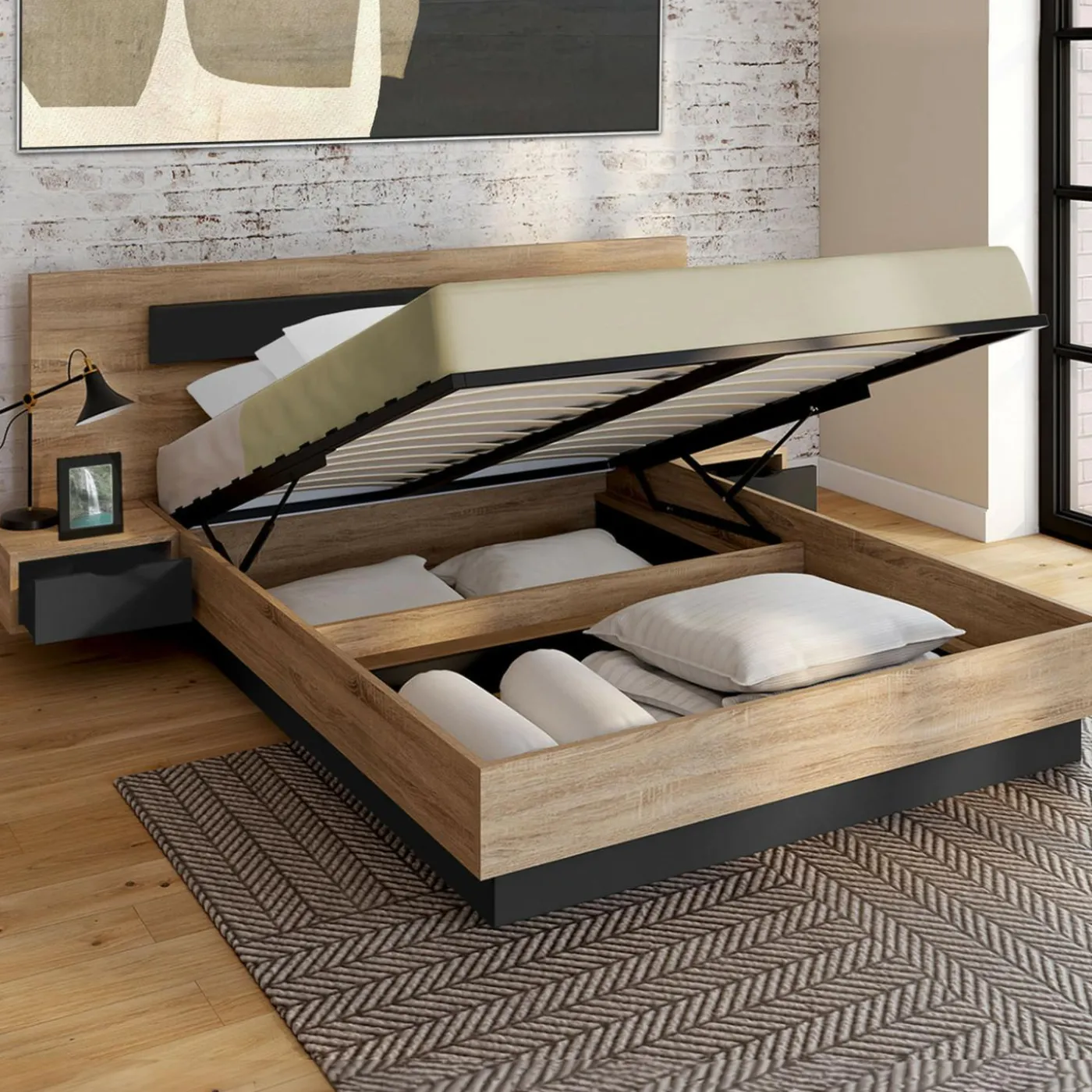 Lit 2 places double coffre 140x190 cm avec sommier et tables de chevet