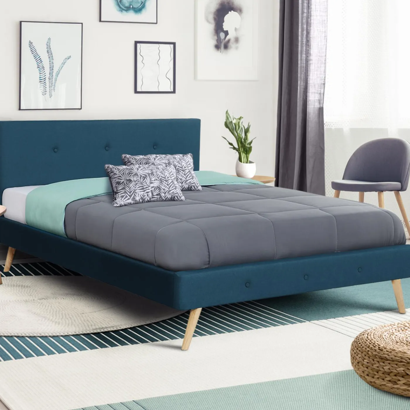 Lit bleu canard scandinave 140x190 cm