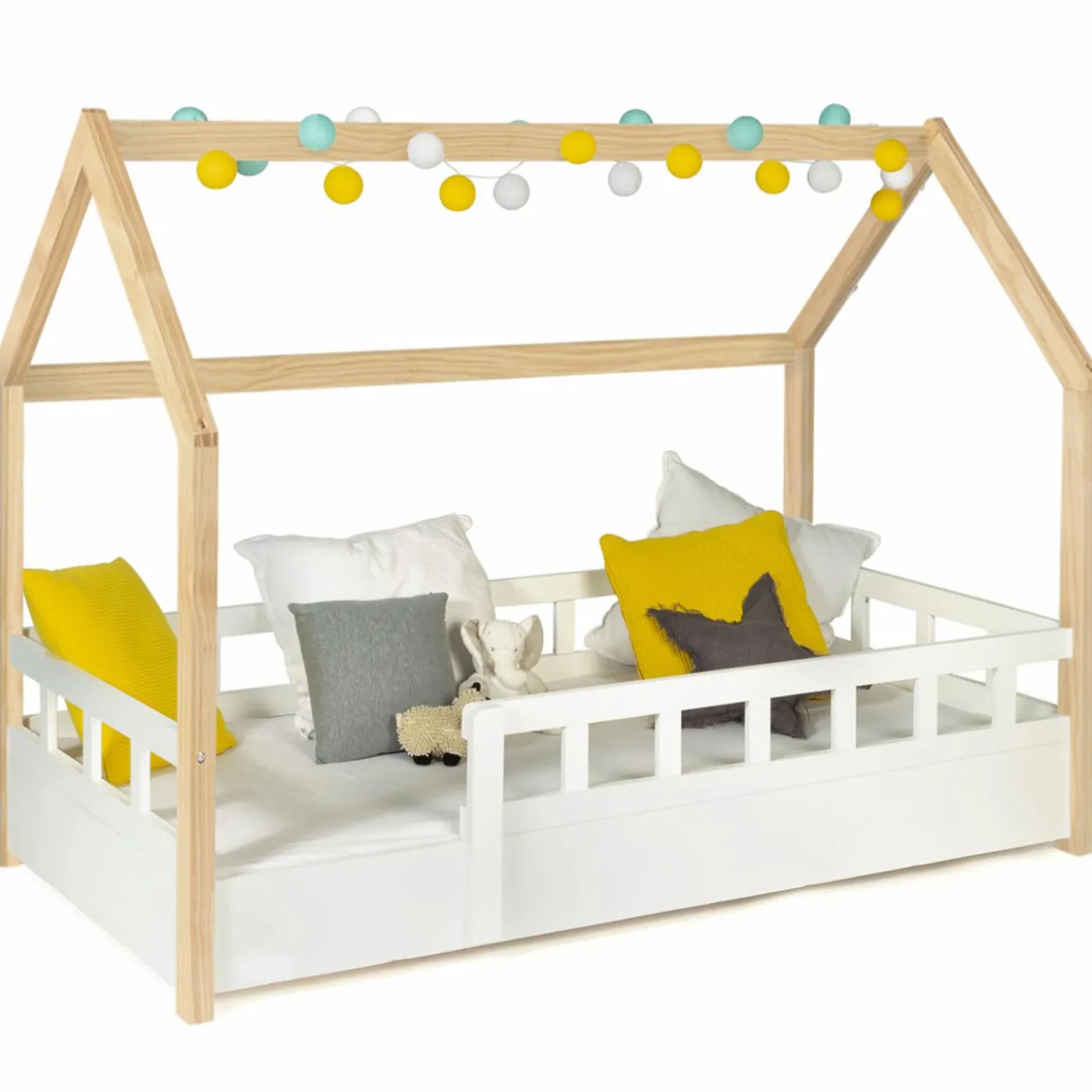 Lit cabane pour enfant blanc et hêtre 80x160 cm