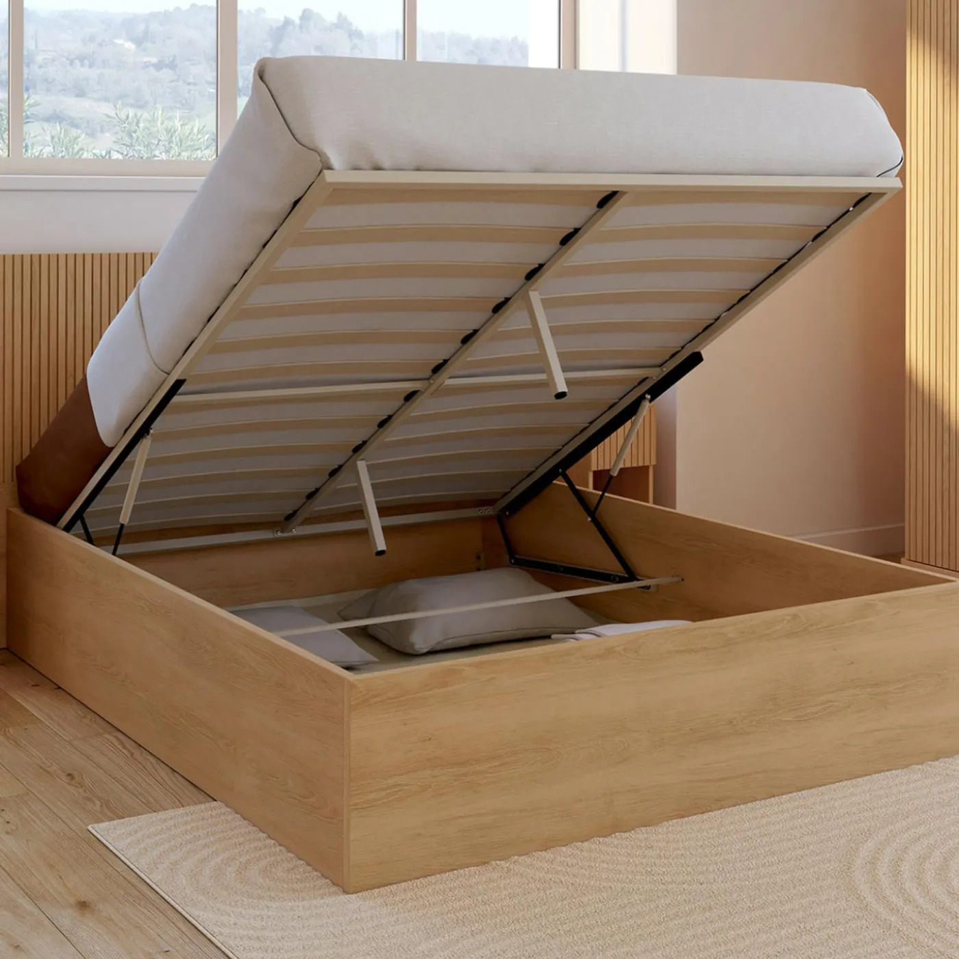 Lit coffre double 140 x 190 cm avec tête de lit et sommier effet lattes et bois