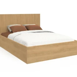 Lit coffre double 140 x 190 cm avec tête de lit et sommier effet lattes et bois