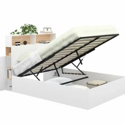 Lit coffre double avec tête de lit, rangements et sommier blanc et bois