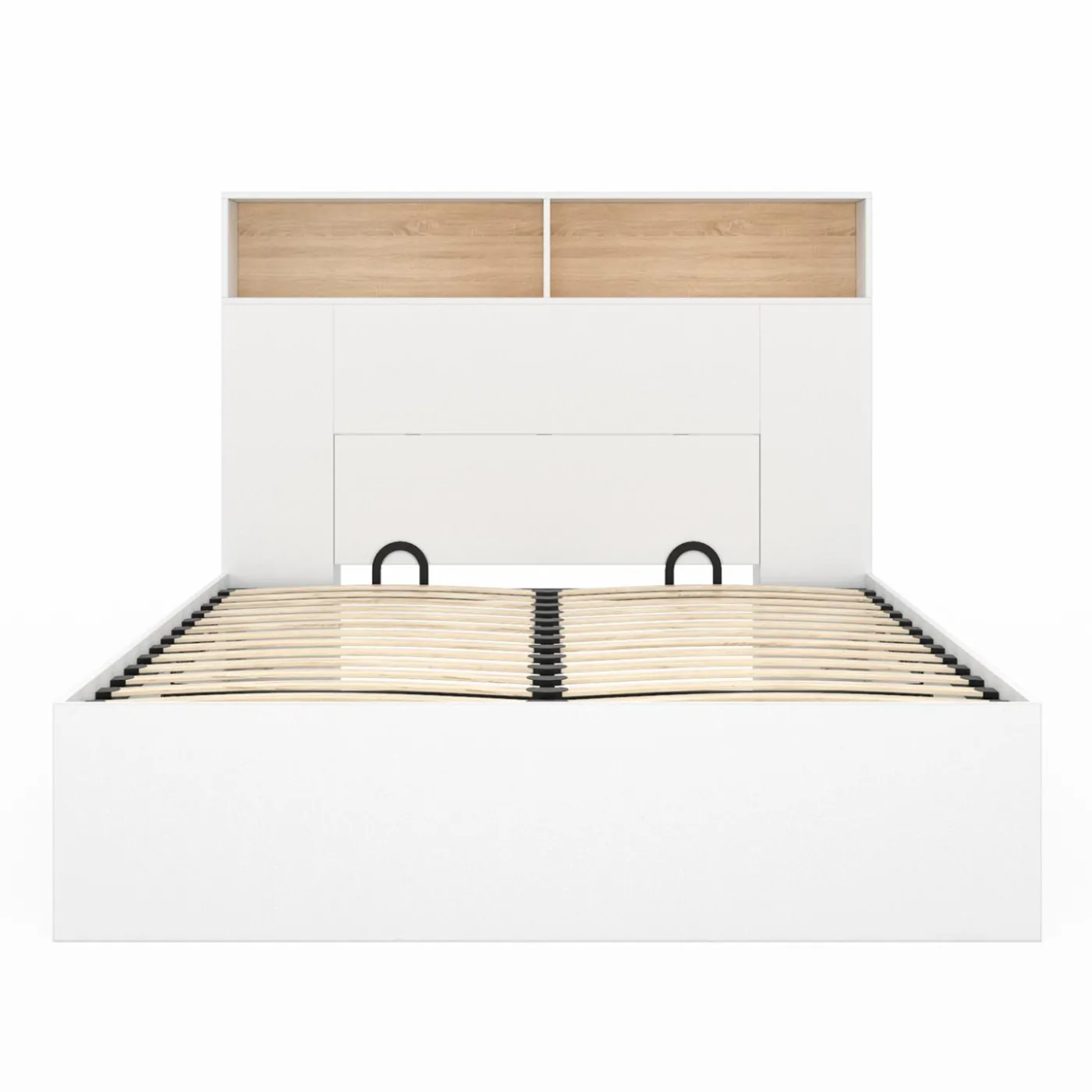 Lit coffre double avec tête de lit, rangements et sommier blanc et bois