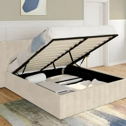 Lit coffre double avec tête de lit en velours beige 160x200 cm