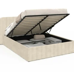 Lit coffre double avec tête de lit en velours beige 160x200 cm