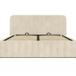 Lit coffre double avec tête de lit en velours beige 160x200 cm