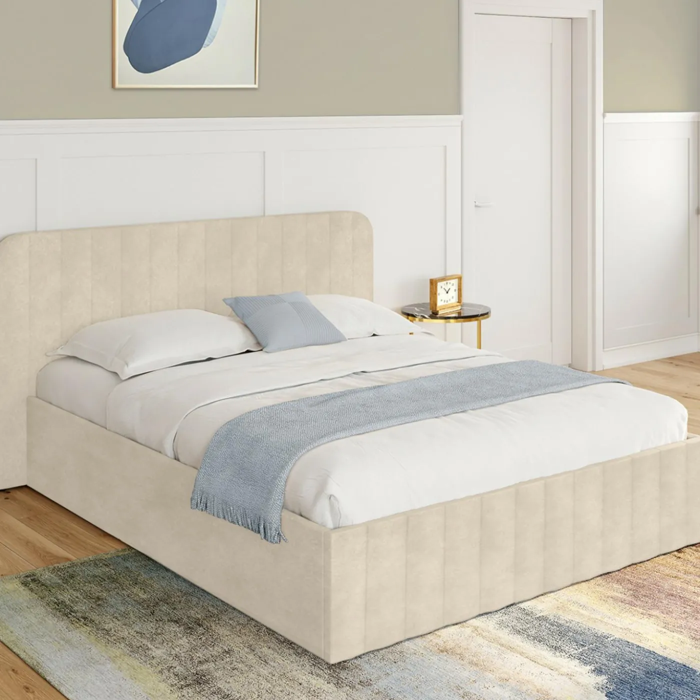 Lit coffre double avec tête de lit en velours beige 160x200 cm