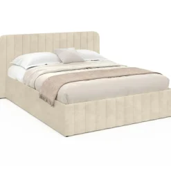 Lit coffre double avec tête de lit en velours beige 160x200 cm