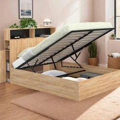 Lit coffre double 140x190 cm avec tête de lit façon hêtre et noir