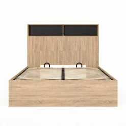 Lit coffre double 140x190 cm avec tête de lit façon hêtre et noir