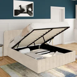 Lit coffre velours beige 140x190 avec sommier et tête de lit