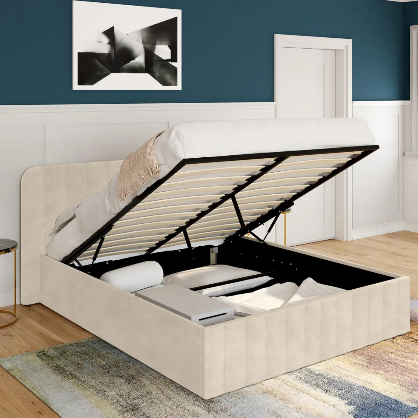 Lit coffre velours beige 140x190 avec sommier et tête de lit