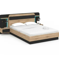 Lit double 140 x 190 cm avec tête de lit, chevets suspendus, étagère, LED et sommier bois et noir