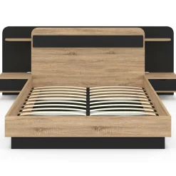 Lit double 140 x 190 cm avec tête de lit, chevets suspendus, étagère, LED et sommier bois et noir