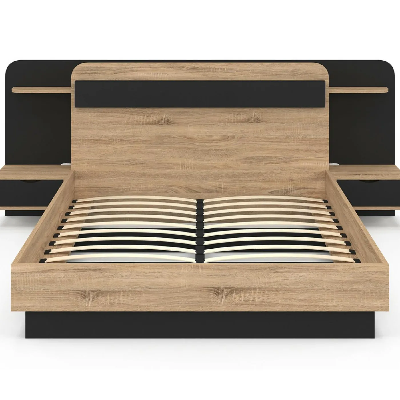 Lit double 140 x 190 cm avec tête de lit, chevets suspendus, étagère, LED et sommier bois et noir
