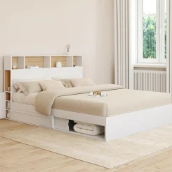 Lit double avec rangements + tête de lit et sommier 160 x 200 cm blanc et hêtre