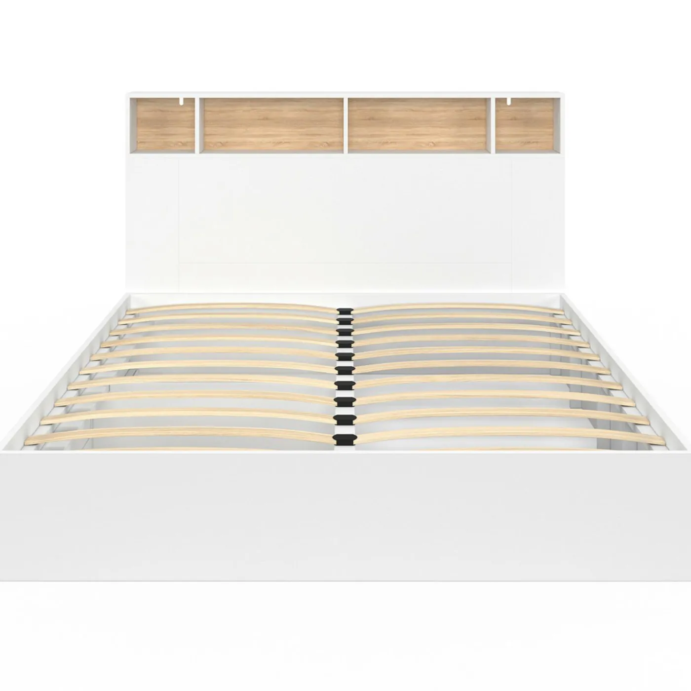 Lit double avec rangements + tête de lit et sommier 160 x 200 cm blanc et hêtre