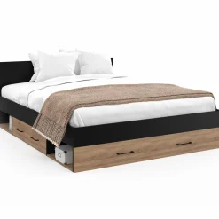 Lit double avec rangement 140x190 cm avec tête de lit hêtre et noir