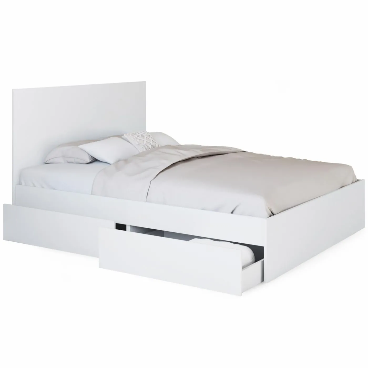 Lit double blanc 4 tiroirs sur roulettes avec tête de lit