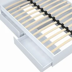 Lit double blanc 4 tiroirs sur roulettes avec tête de lit