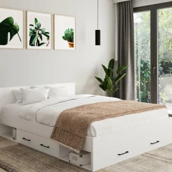 Lit double blanc 140x190cm avec tête de lit et rangements