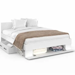 Lit double blanc 140x190cm avec tête de lit et rangements