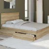 Lit double façon hêtre 4 tiroirs sur roulettes avec tête de lit