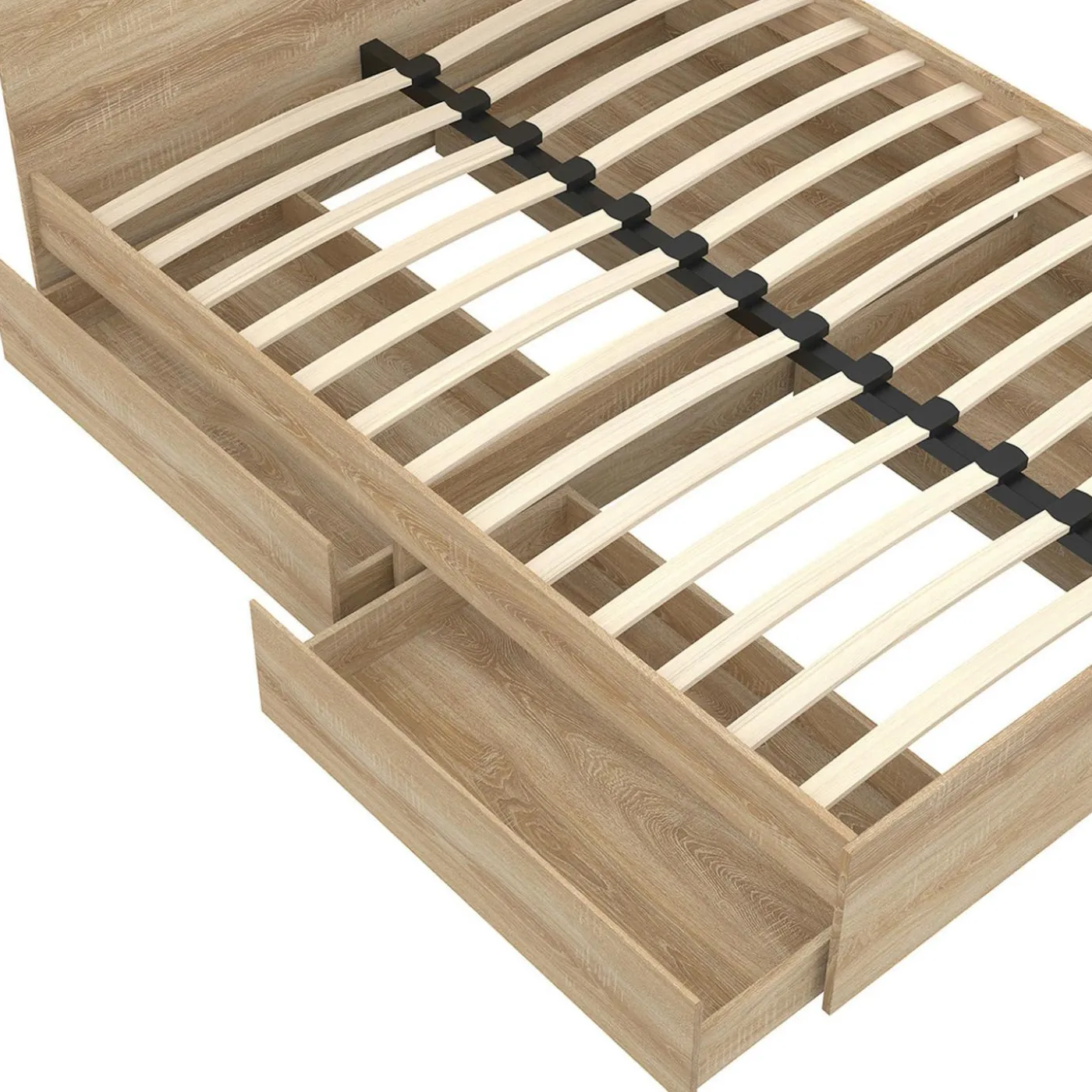 Lit double façon hêtre 4 tiroirs sur roulettes avec tête de lit