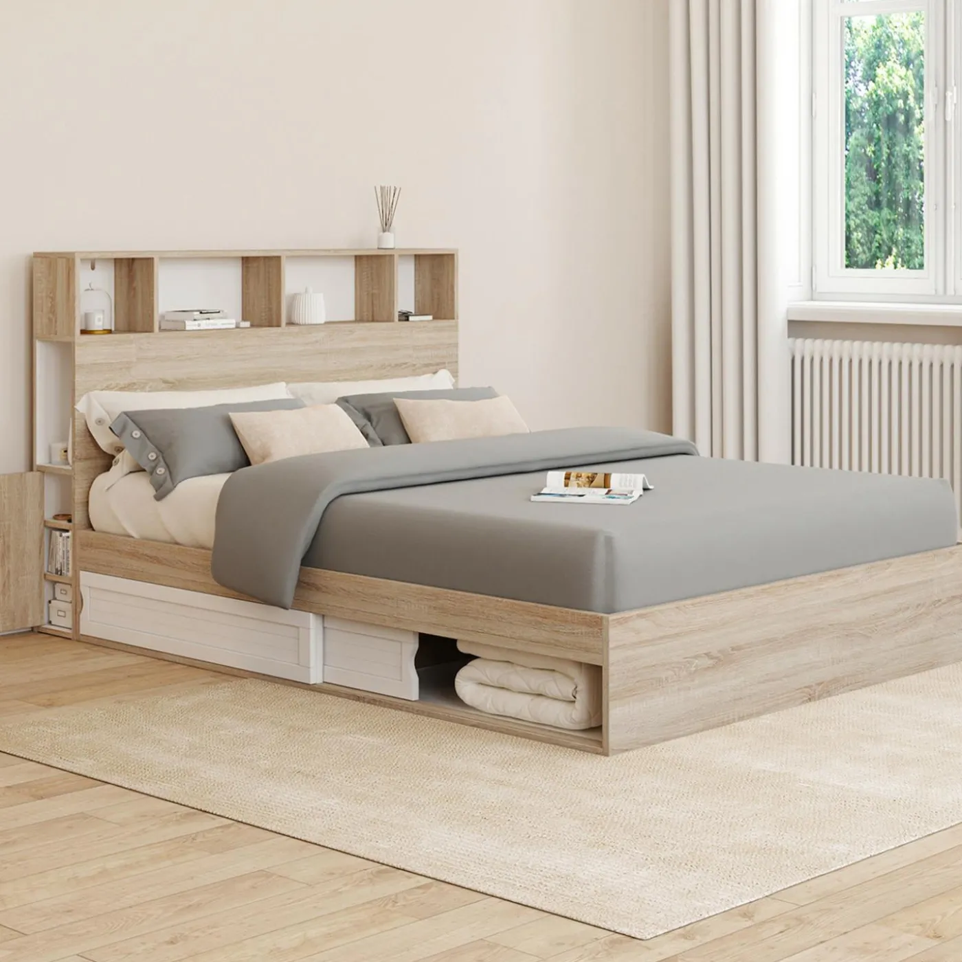 Lit double hêtre et blanc avec rangements + tête de lit et sommier 140x190 cm